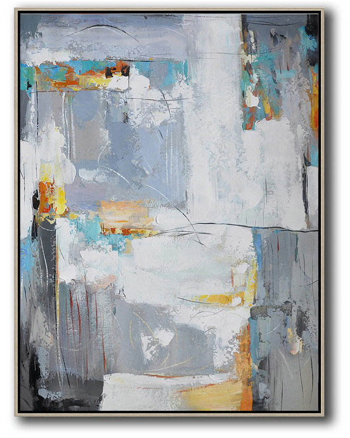 Vertical Palette Knife Contemporary Art,Abstract Painting On Canvas,White,Grey,Yellow